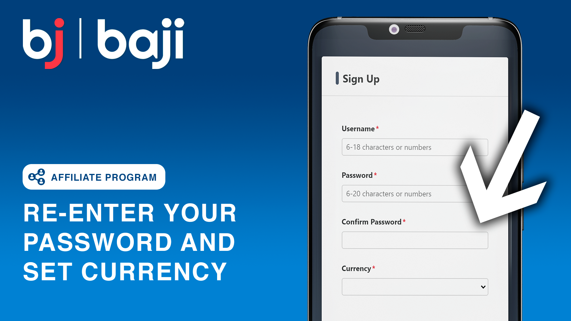 Verify password and select currency for Baji Casino Affiliates