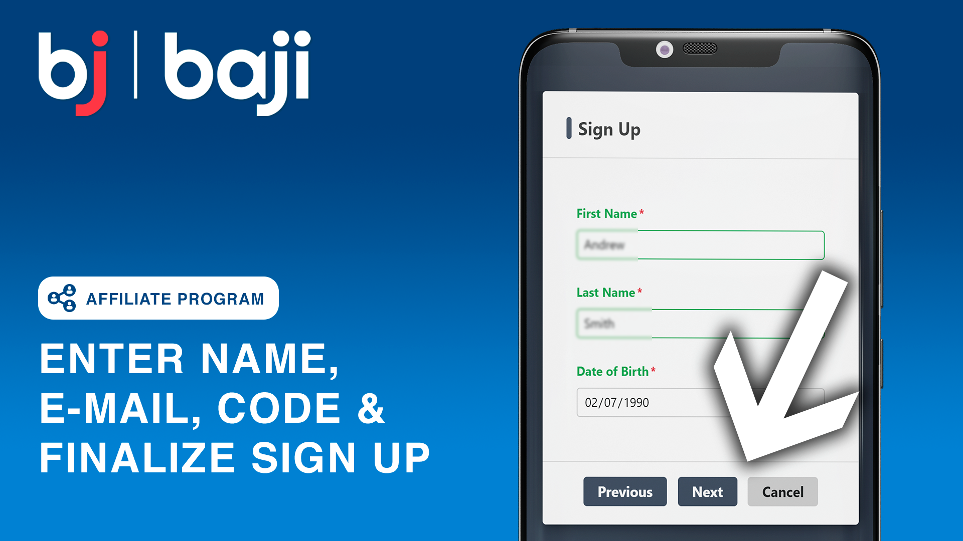 Provide personal details and verification code to complete the Baji sign-up