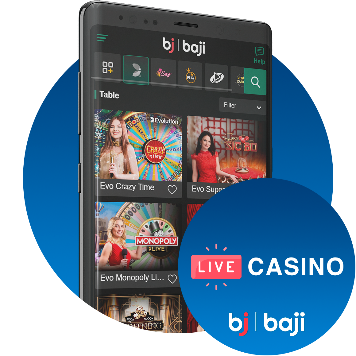 Discover a diverse collection of over 100 live casino titles at Baji.