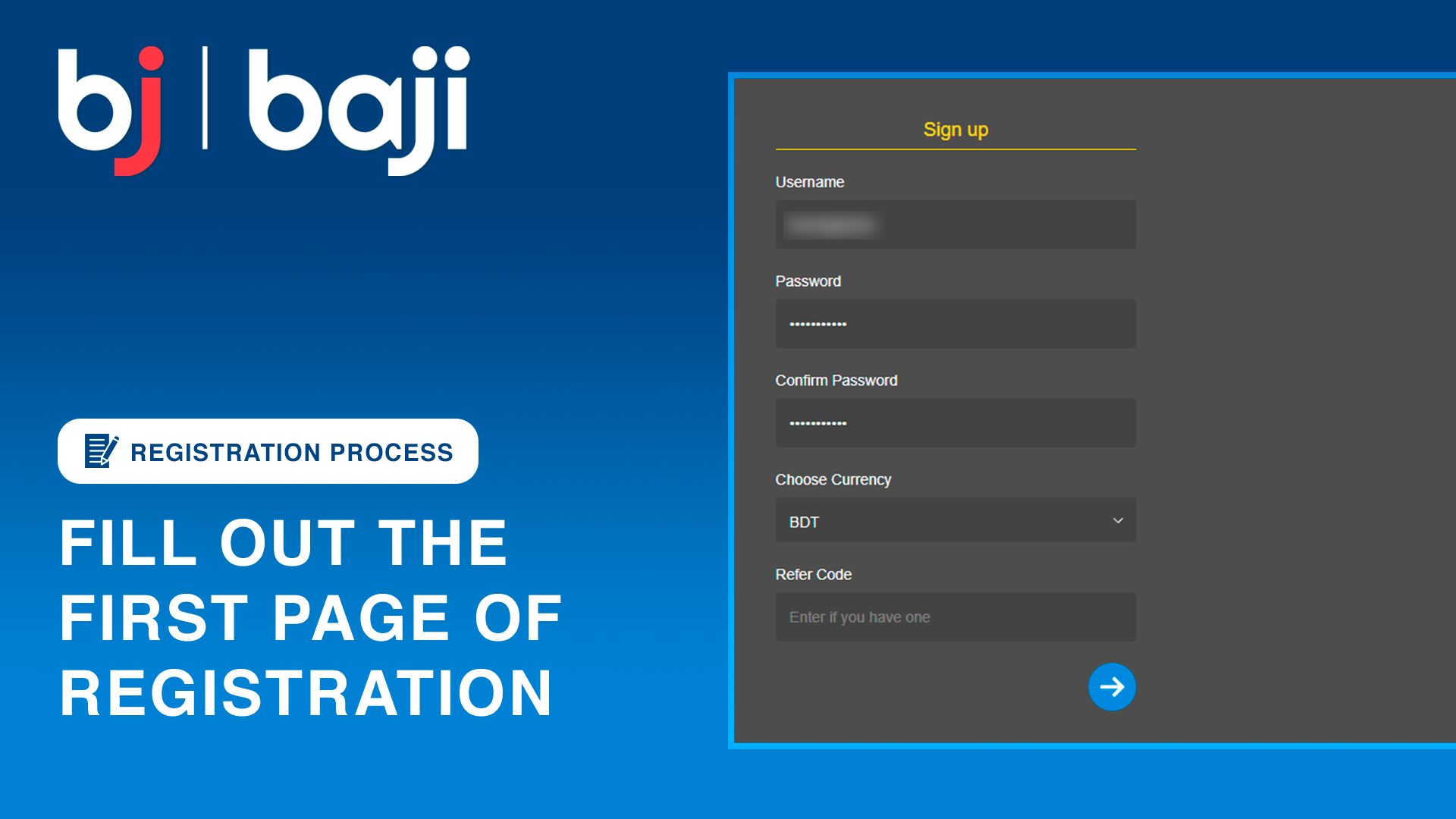 Fill out the first page of the registration form for Baji Bangladesh.