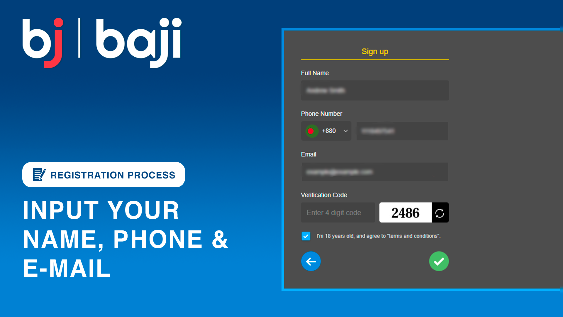 Provide your name, phone, and email to complete the Baji Casino registration.