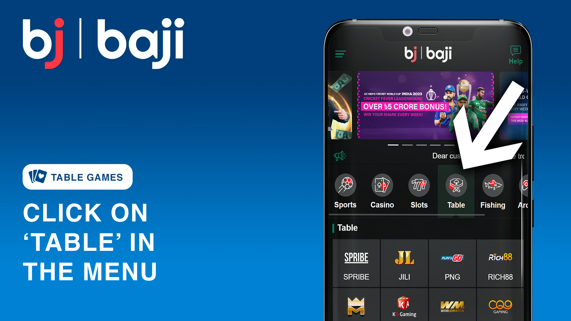 Navigate to the table games category via the Baji main menu