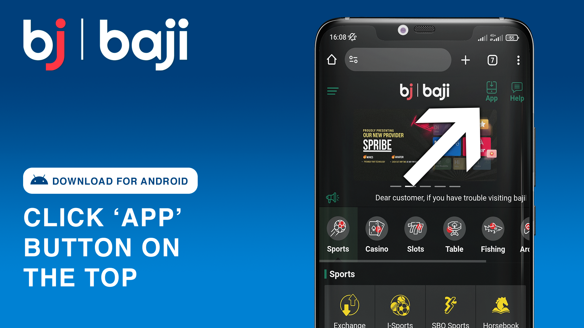 Tap the green 'App' button at the top of the Baji homepage