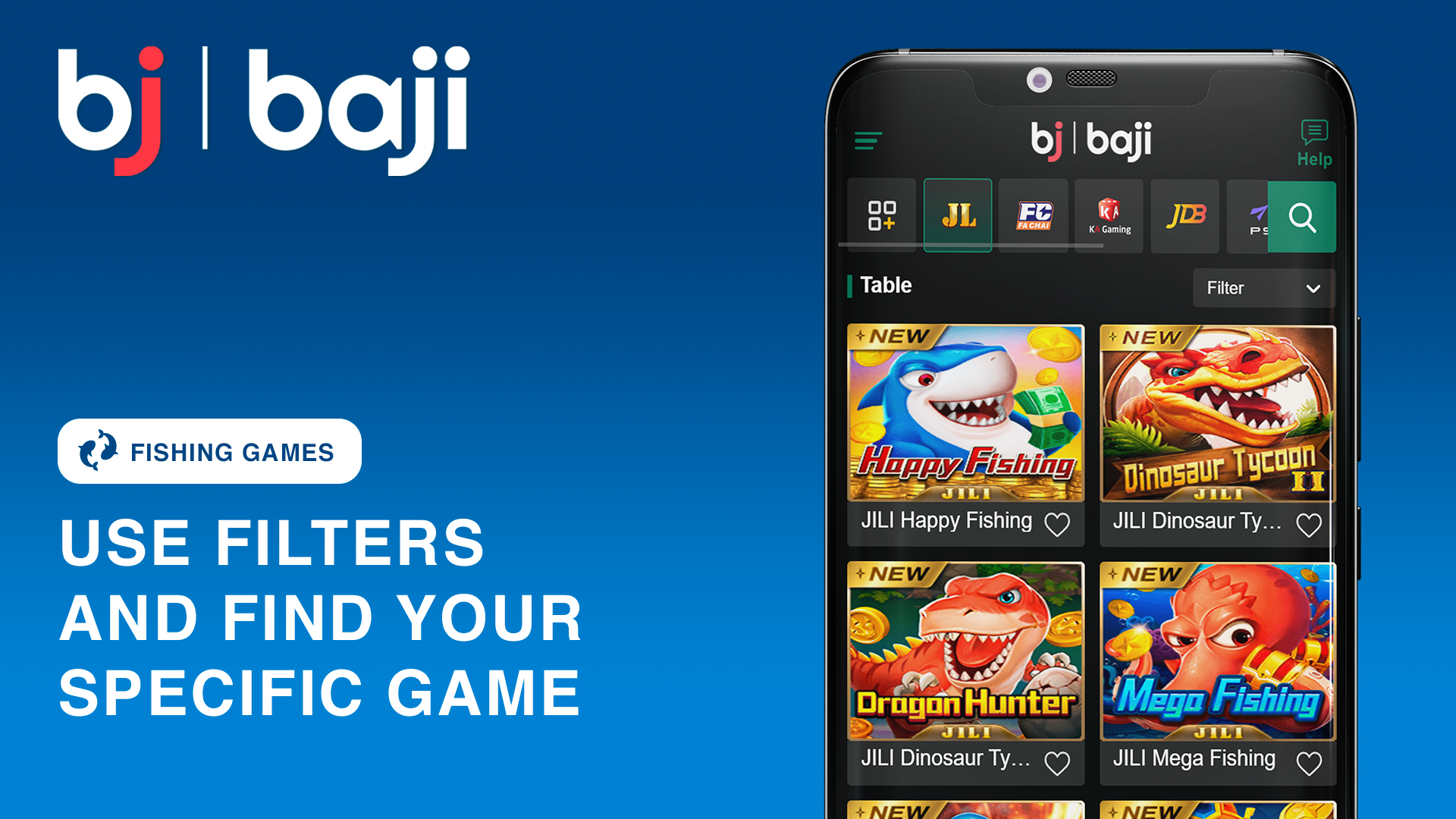 Utilize the filtering tools to locate a specific fishing game at Baji Casino.