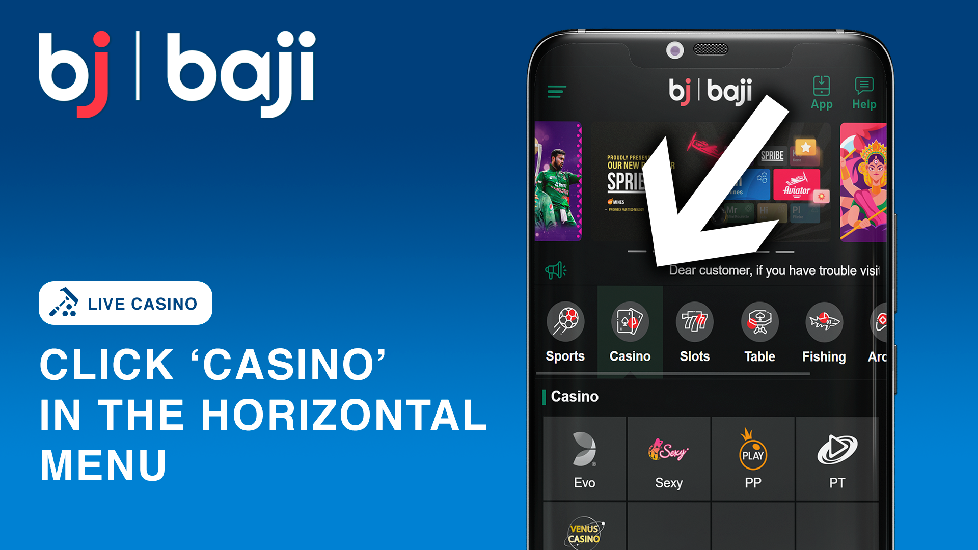 Select 'Casino' from the main navigation menu at Baji Bangladesh