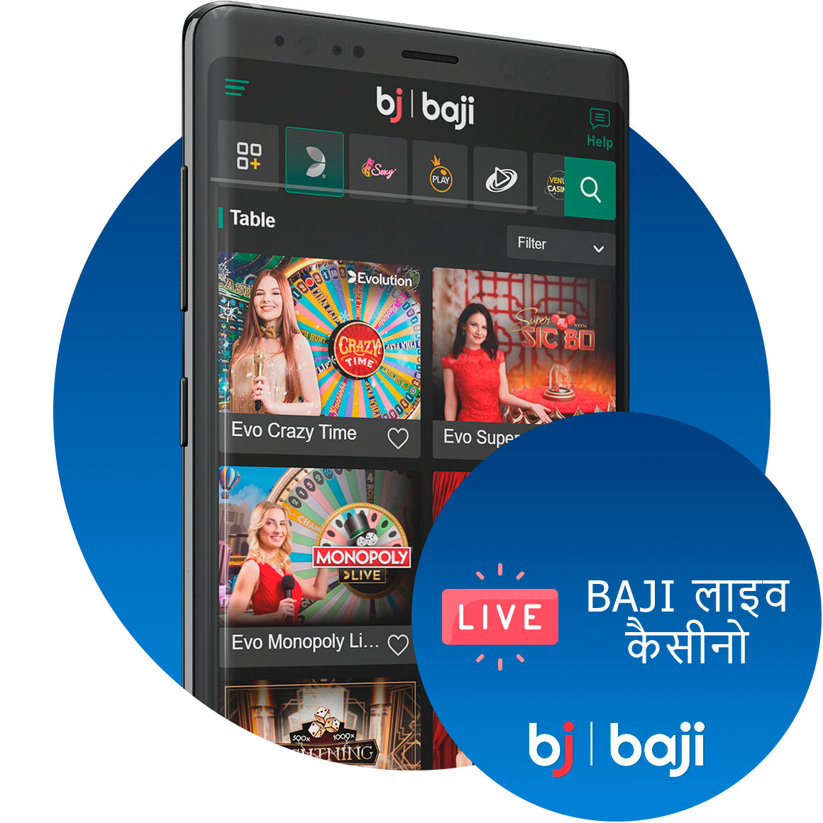 View more than 100 live casino games on Baji