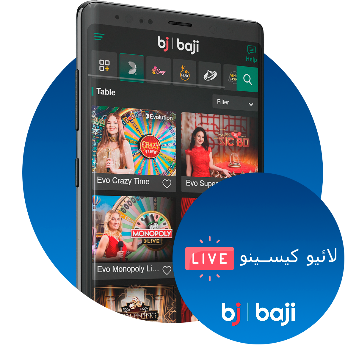 Explore a diverse collection of over 100 live dealer games at Baji.